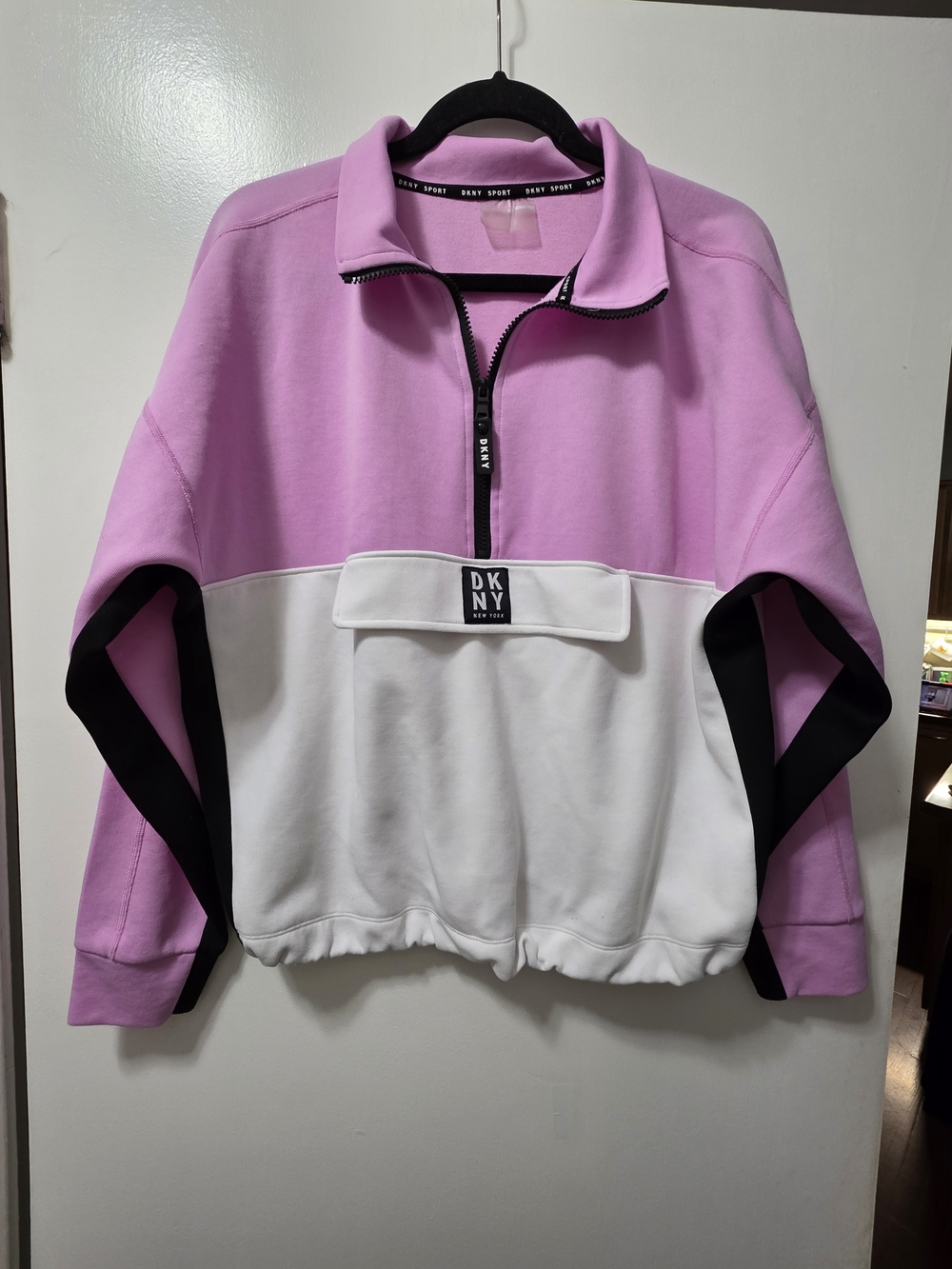 DKNY Pink & White Colorblock Quarter-Zip Pullover